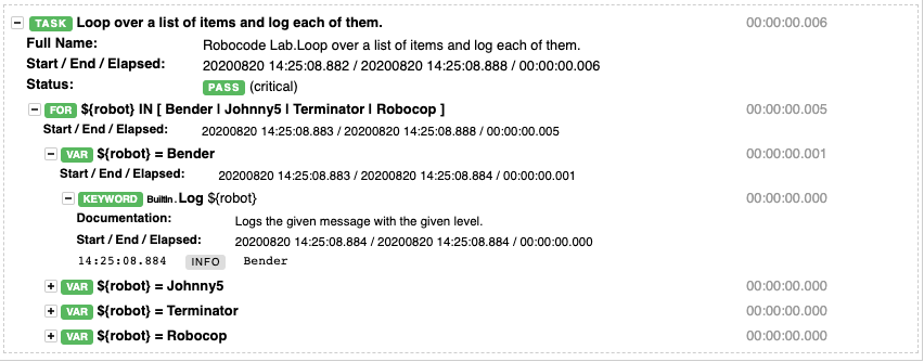 Log result of for loop