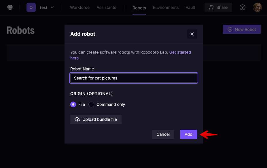 Create a new robot on Control Room