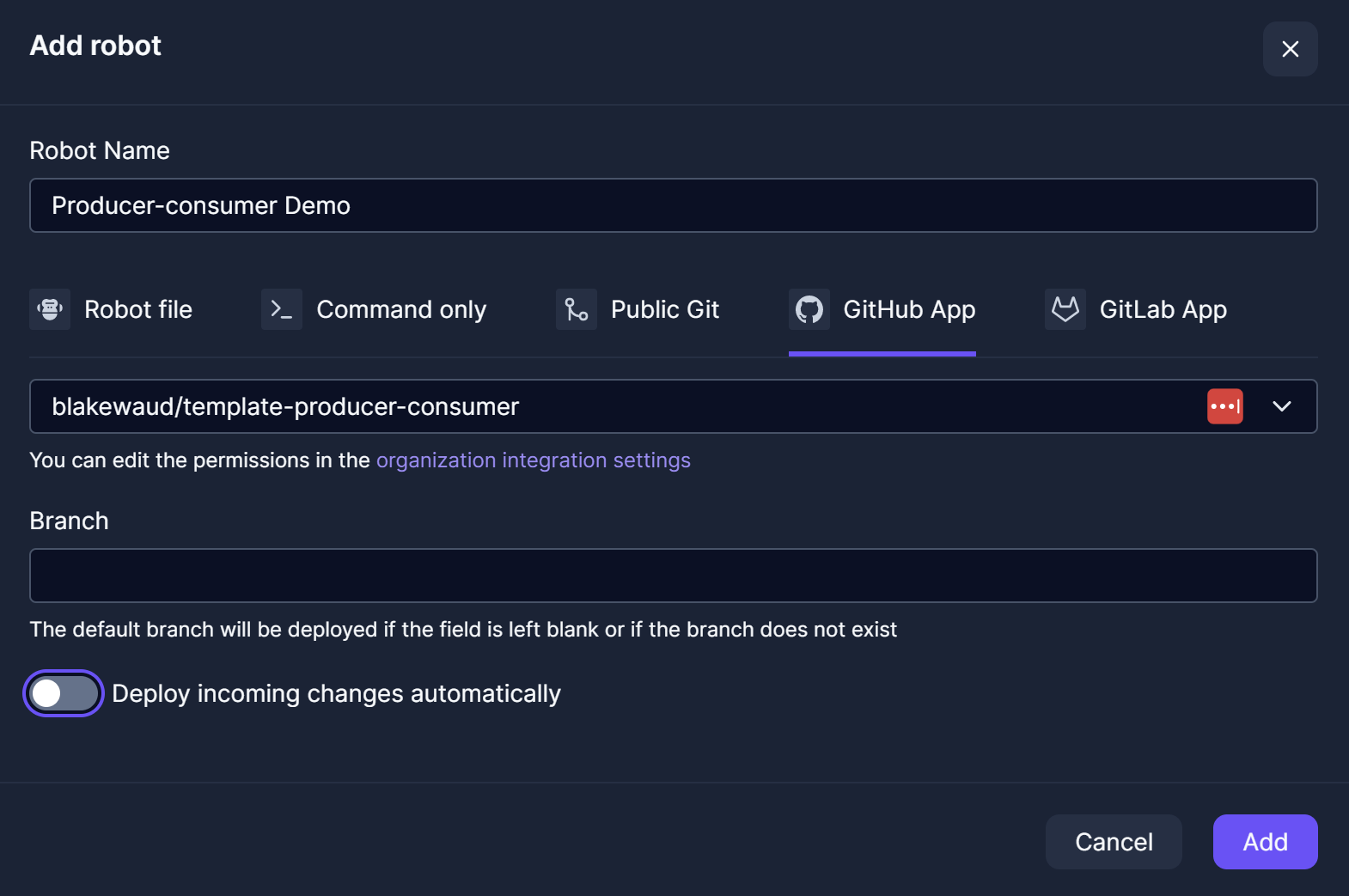 Control Room: Creating a Robot Using the Default Branch