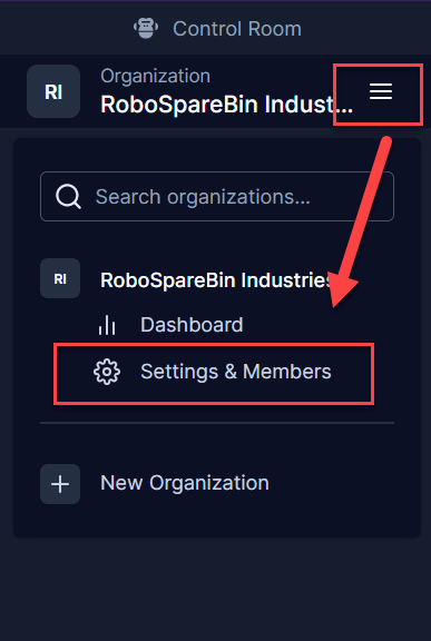 Control Room: Organization Settings Button