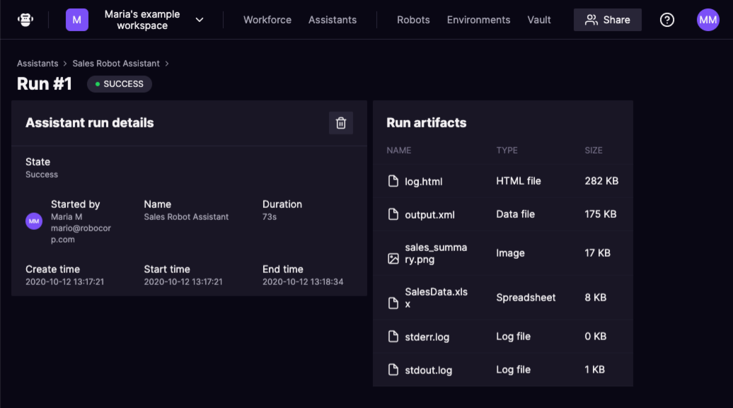 Control Room - Assistant run details