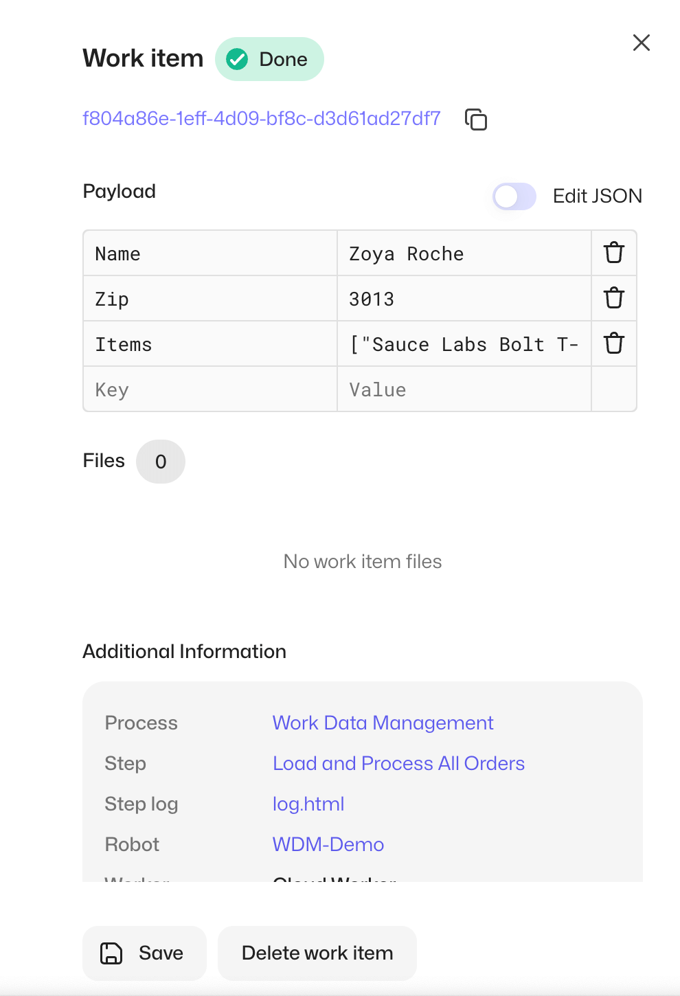 An example of the work item with a payload in Control Room