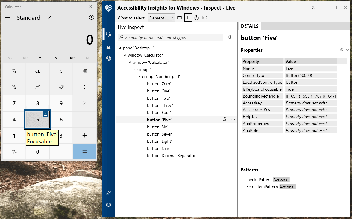 Inspecting Windows Calculator button name with Accessibility Insights