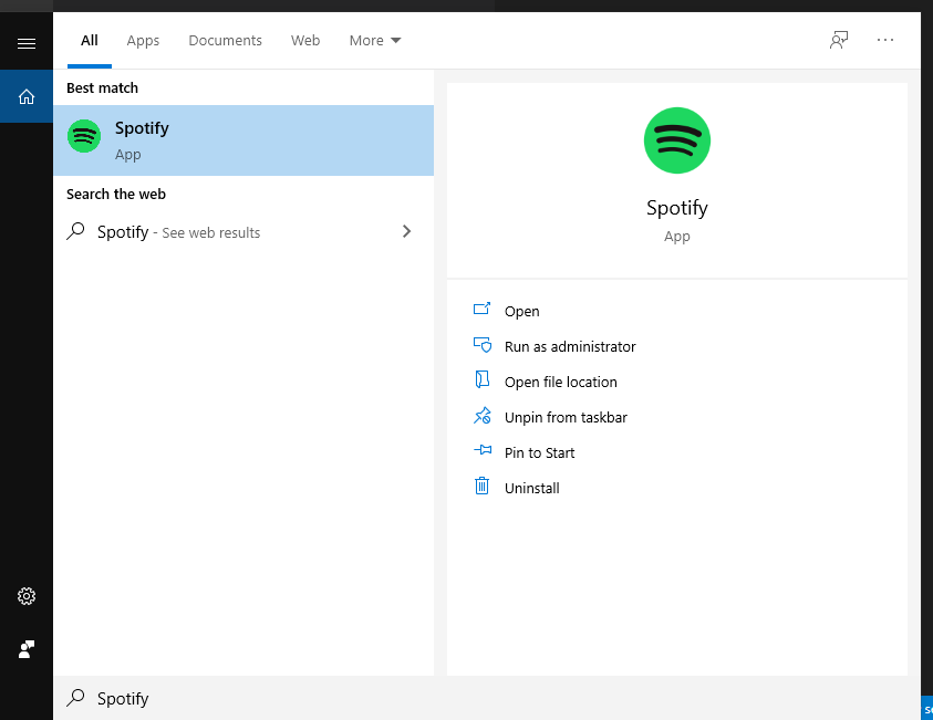 Using Windows search to find the Spotify desktop application