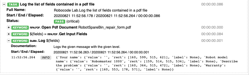 Viewing the list of fields in the log