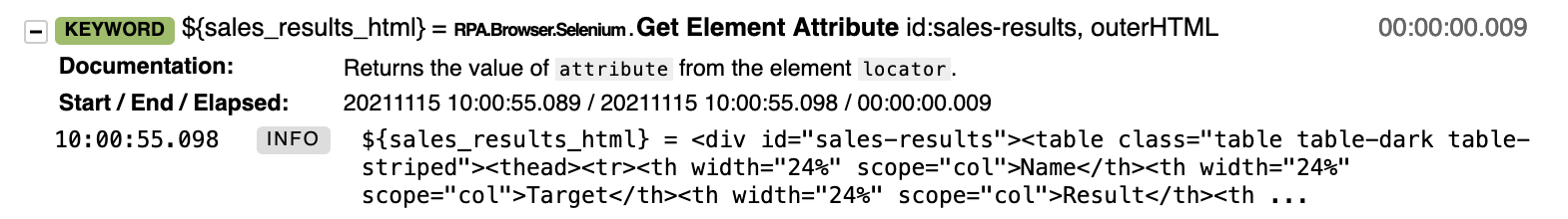 Log containing the markup for the HTML table