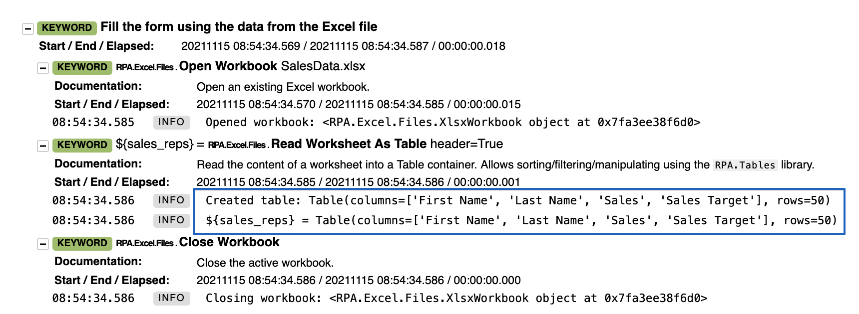 Excel data in the robot log