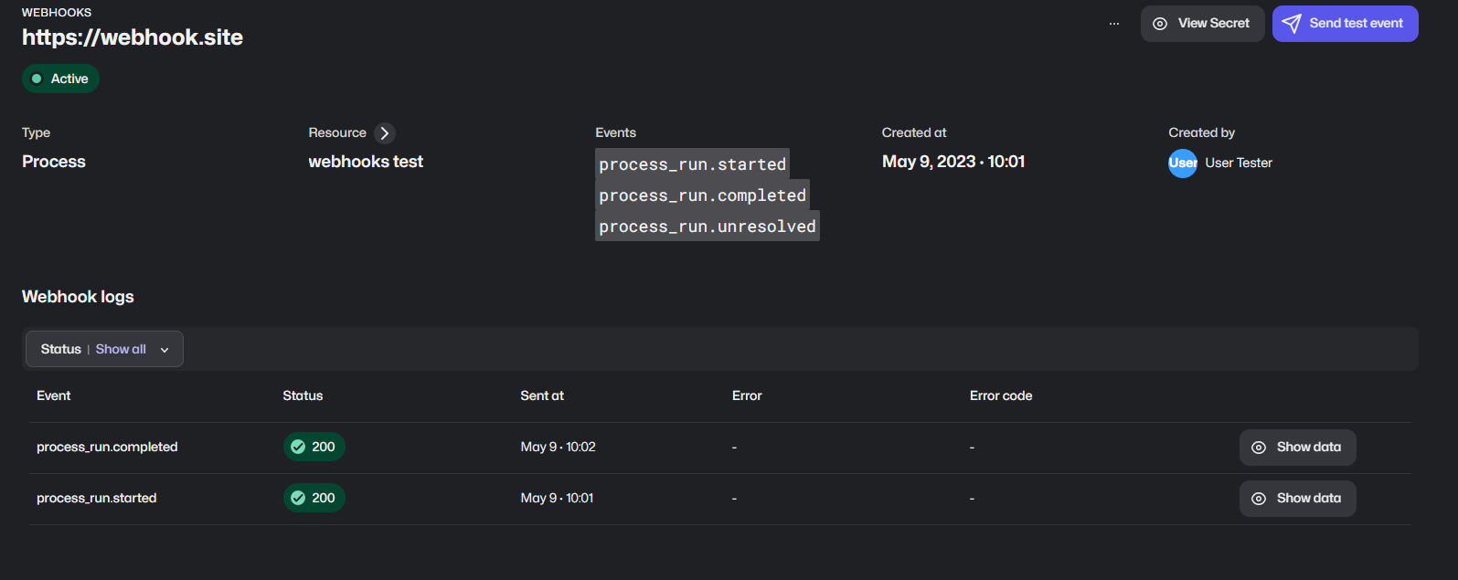 Webhook view in Control Room