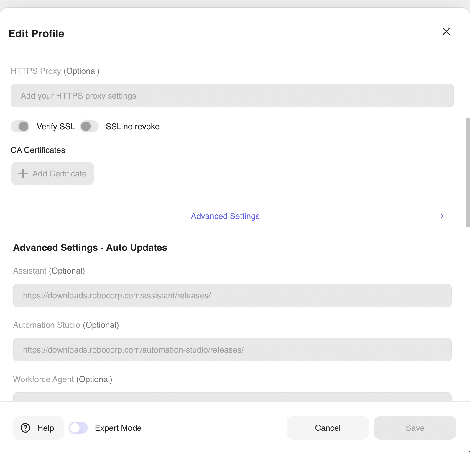 Edit Profile Advanced Settings