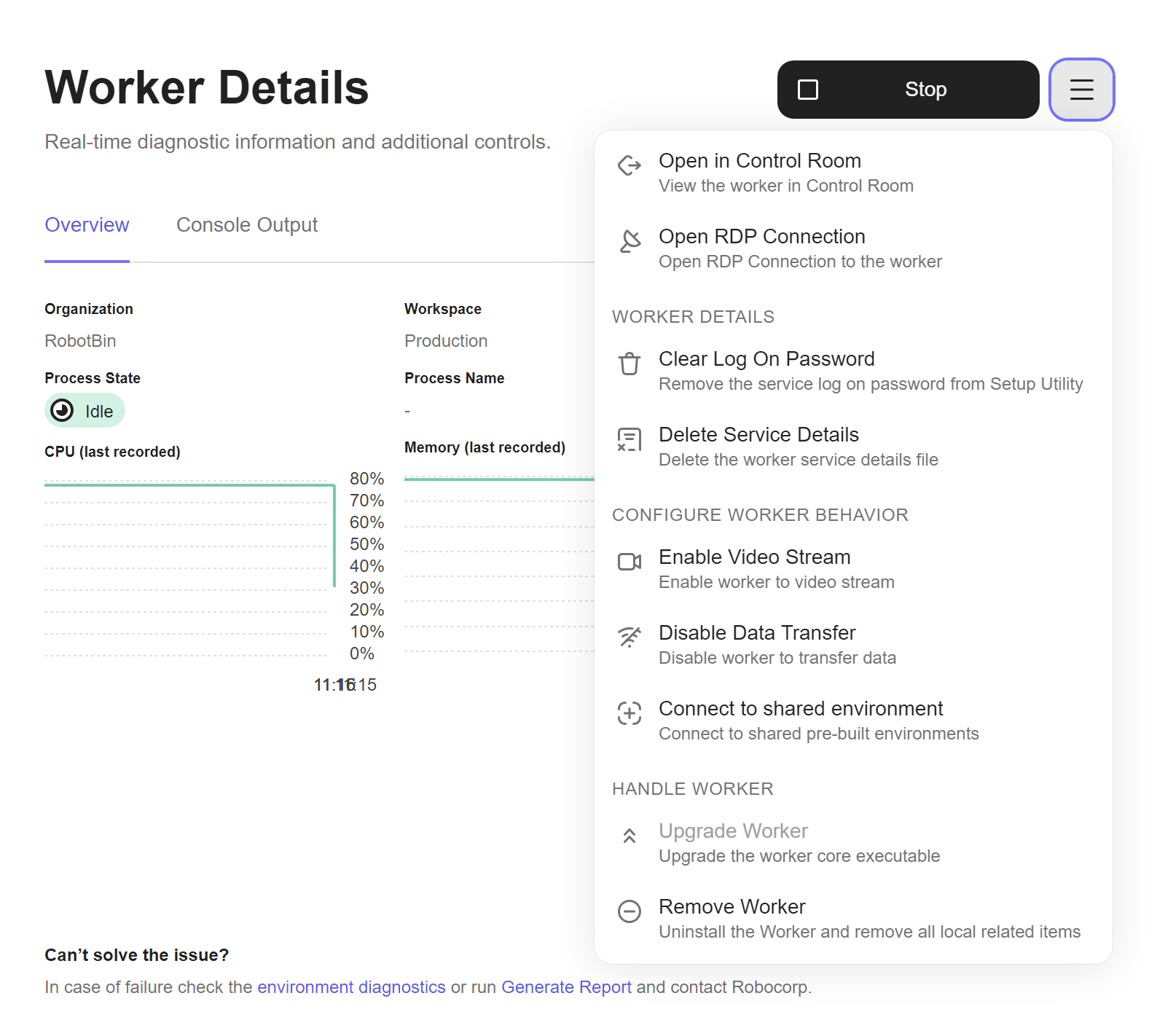 Windows Worker Details Menu