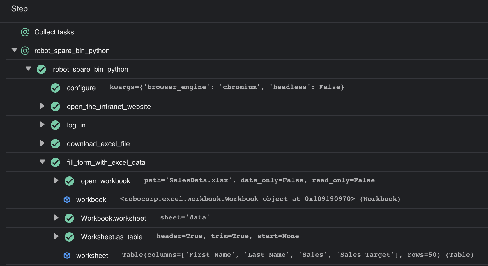 Excel data in the robot log