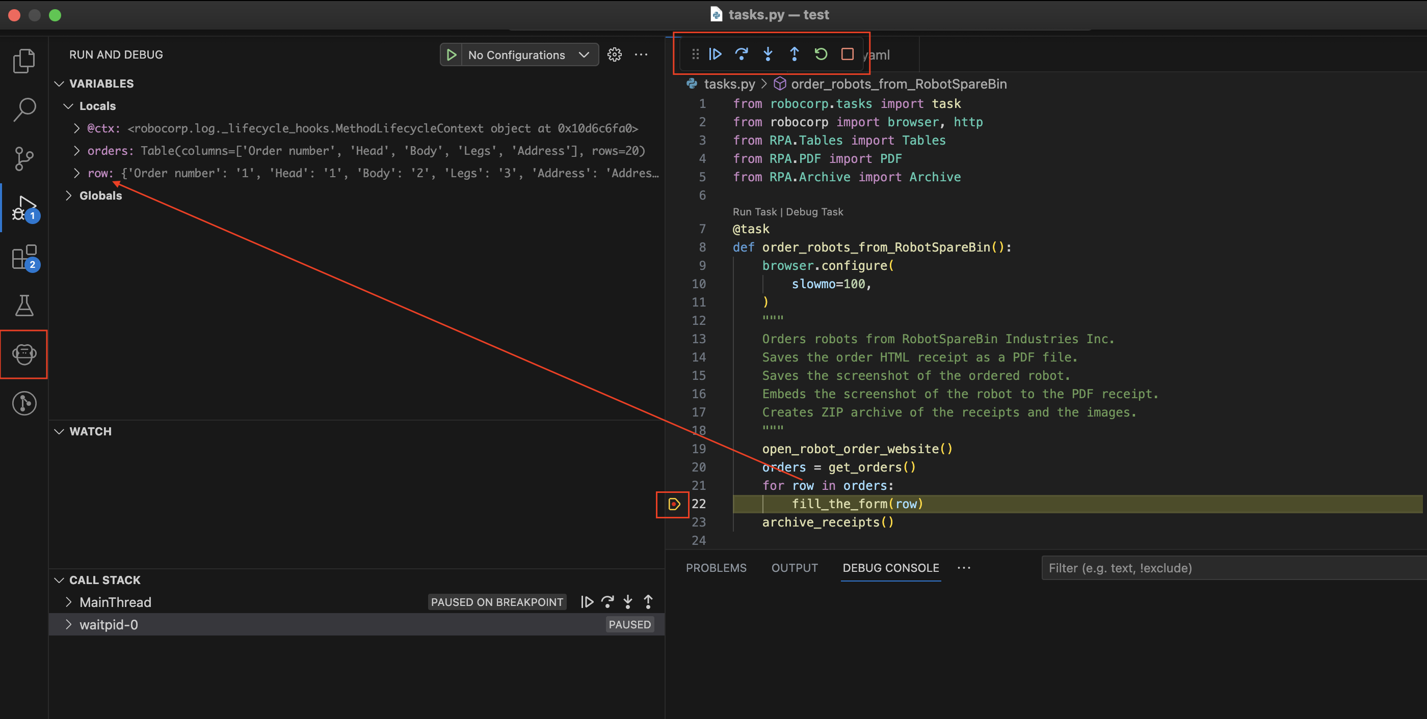 Debugging the robot in Visual Studio Code