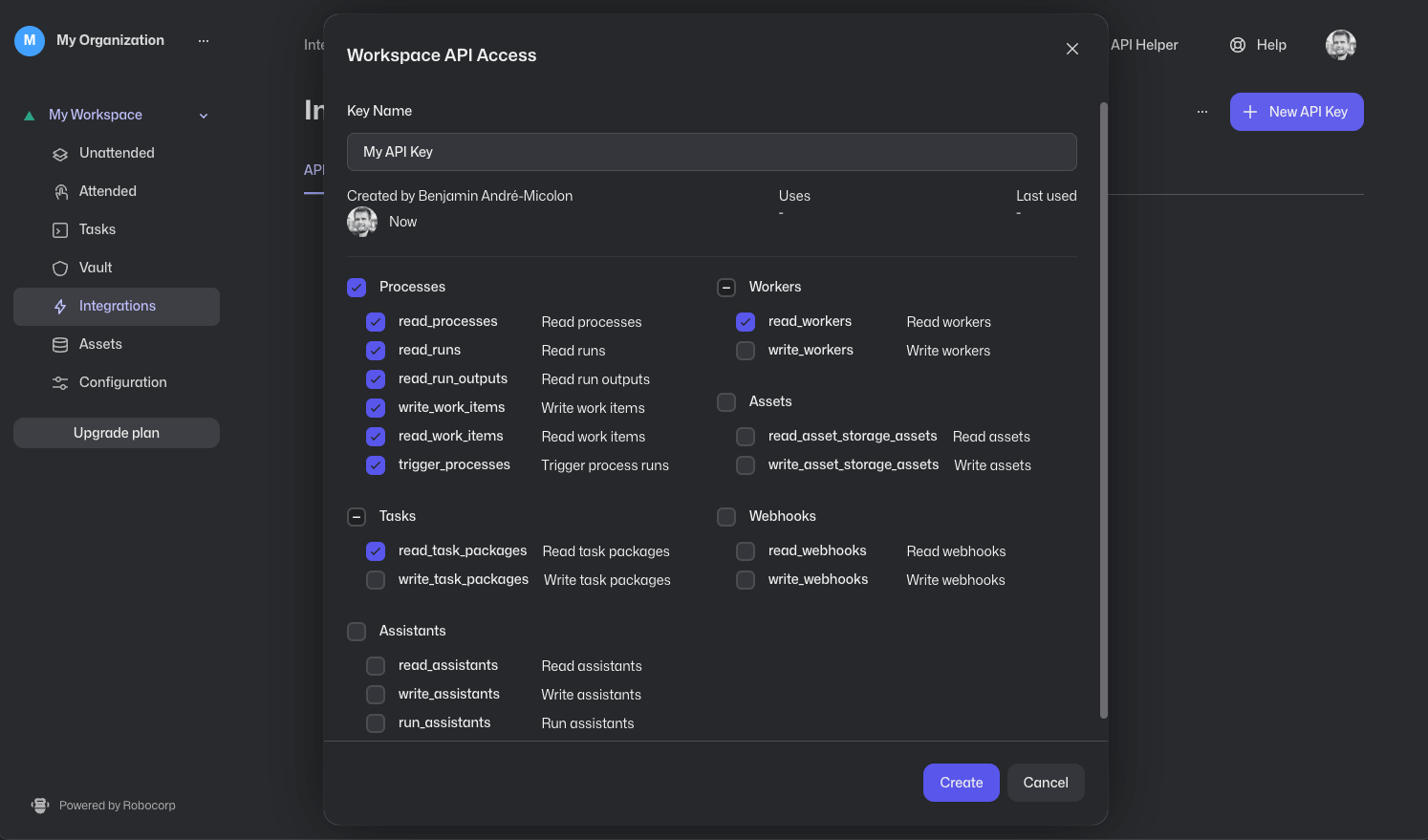 Workspace API access: create key