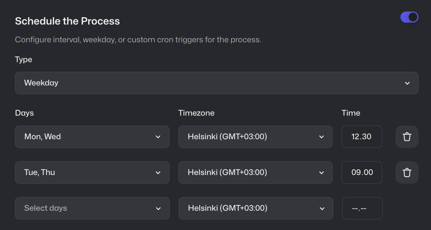 Control Room: Weekly schedule 