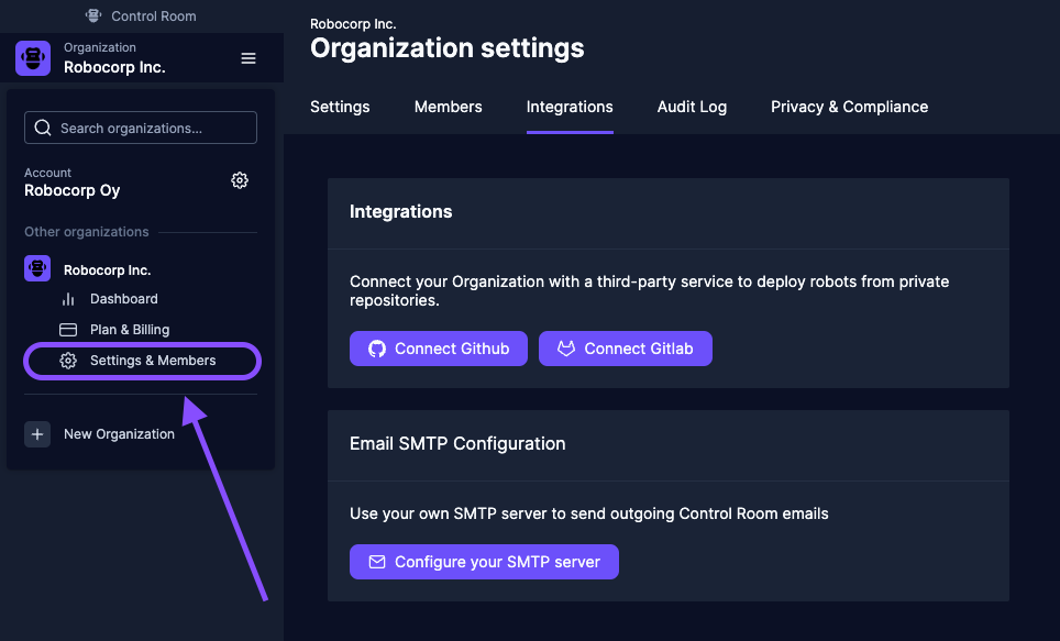 Robocorp Control Room organization settings