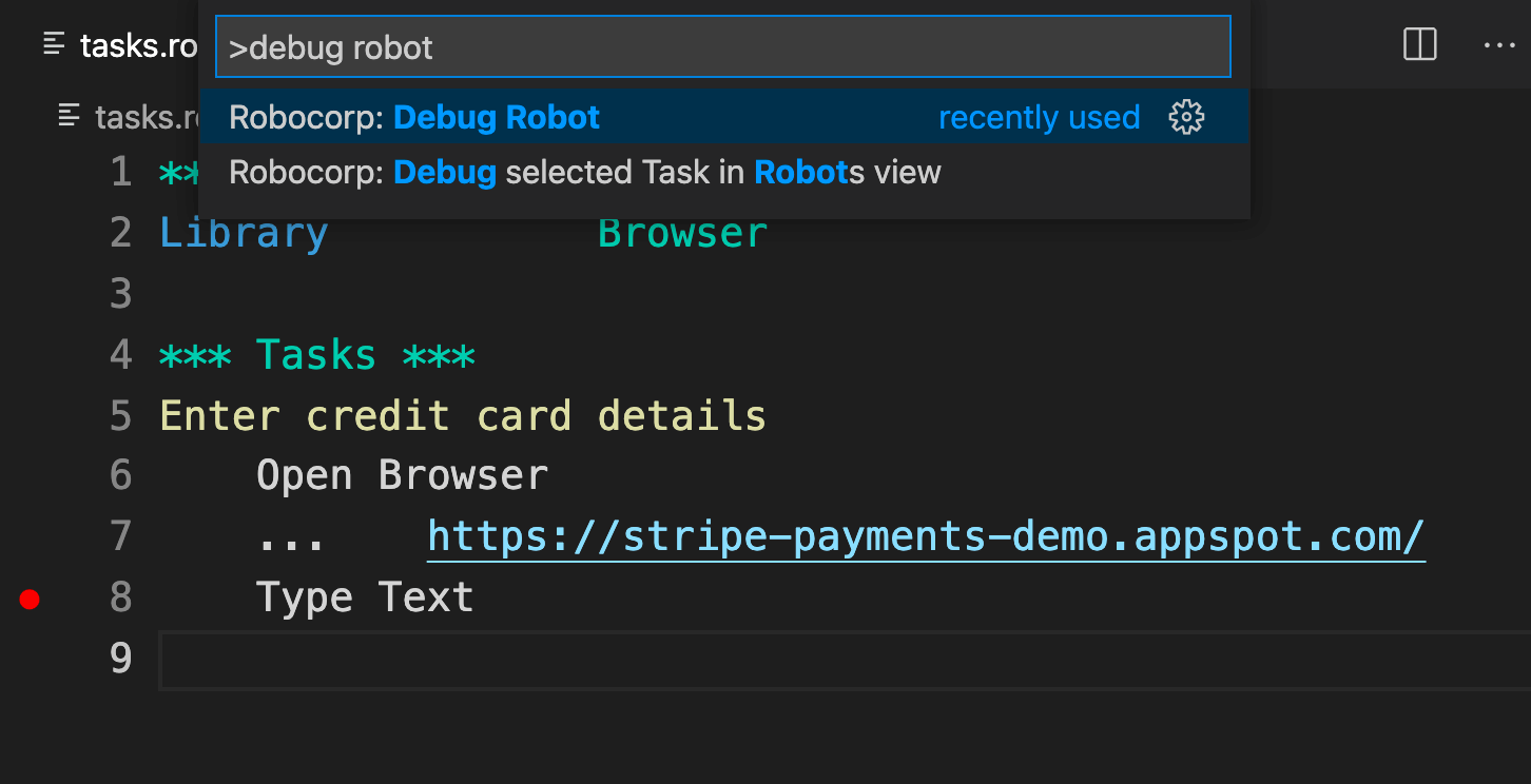 Command Palette - Robocorp: Debug Robot