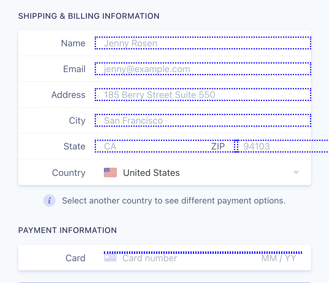 Highlighted input elements on the Stripe form