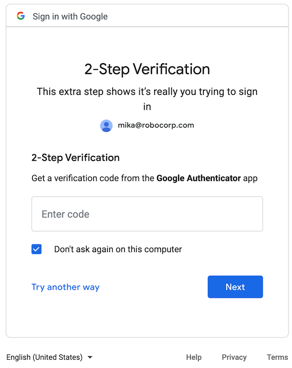 Google Sign-In Authenticator step